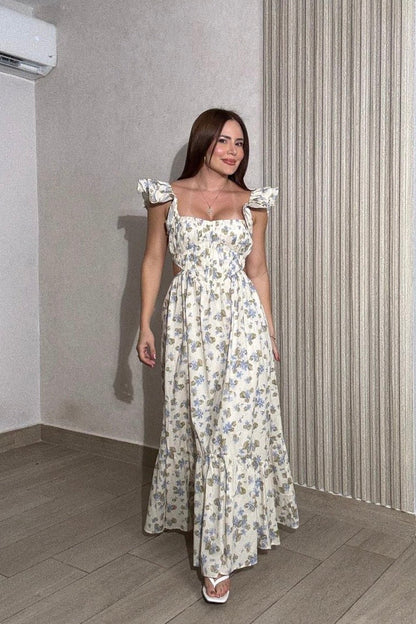 Maxi Vestido Flores Campesino Mangas Voladas