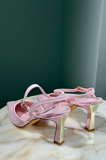 Estileto Rosado Charol Tacon Dorado