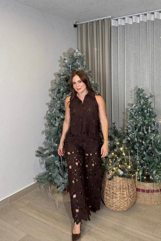 Set Encaje Mocca Top y Pantalón