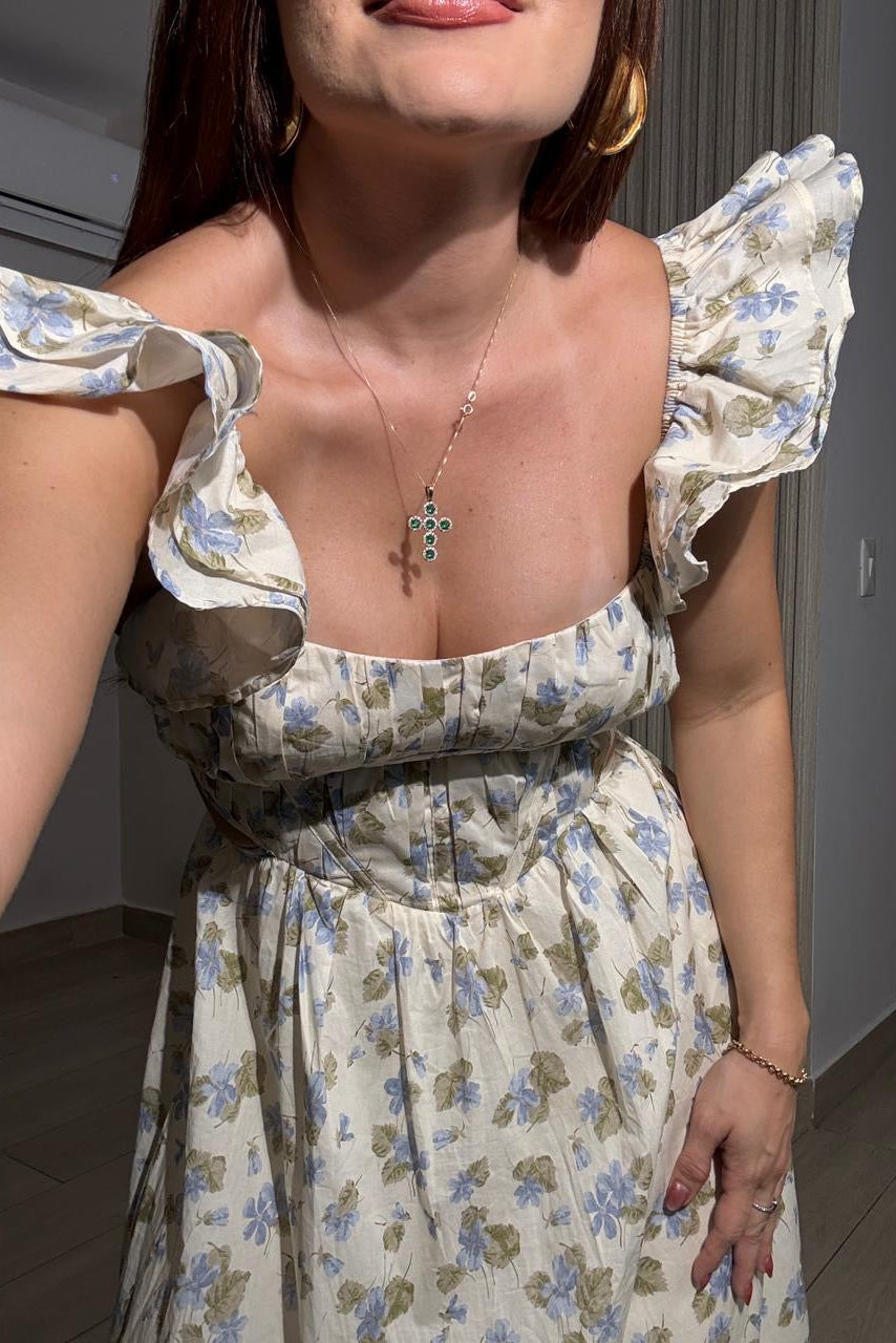 Maxi Vestido Flores Campesino Mangas Voladas